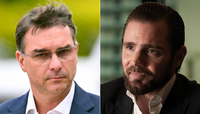 O pré-candidato do PL à presidência, Flávio Bolsonaro, e o dono do Banco Master, Daniel Vorca...