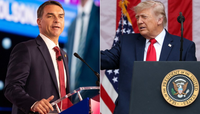 O pré-candidato do PL à presidência, Flávio Bolsonaro, e o presidente dos Estados Unidos, Don...