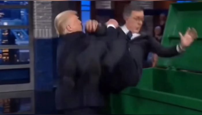 Trump publica vídeo feito por IA jogando Stephen Colbert no lixo