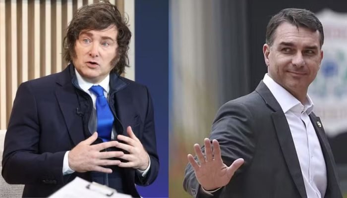 Presidente da Argentina, Javier Milei compartilhou discurso de Flávio Bolsonaro durante evento e...