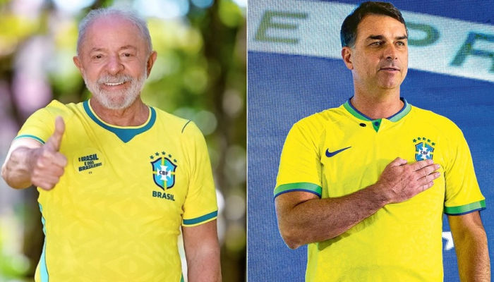 Lula e Flávio Bolsonaro com a camisa da seleção de futebol — Foto: Ricardo Stuckert e Cezar ...
